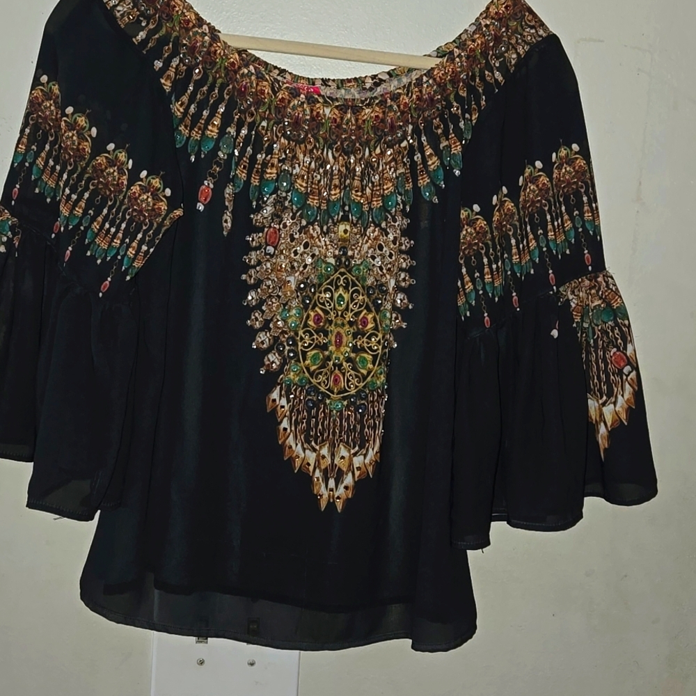 Women’s Ranee’s Miami Beaded Flare Sleeve Sheer Off The Shoulder Top Medium Y2K
